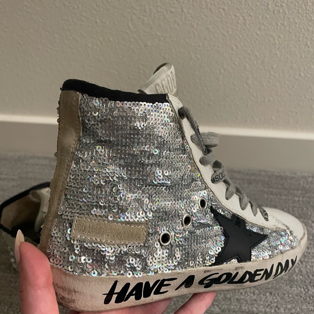 Golden Goose Silver Sequin High-Top Sneakers with Black Star - Picture 5 of 7